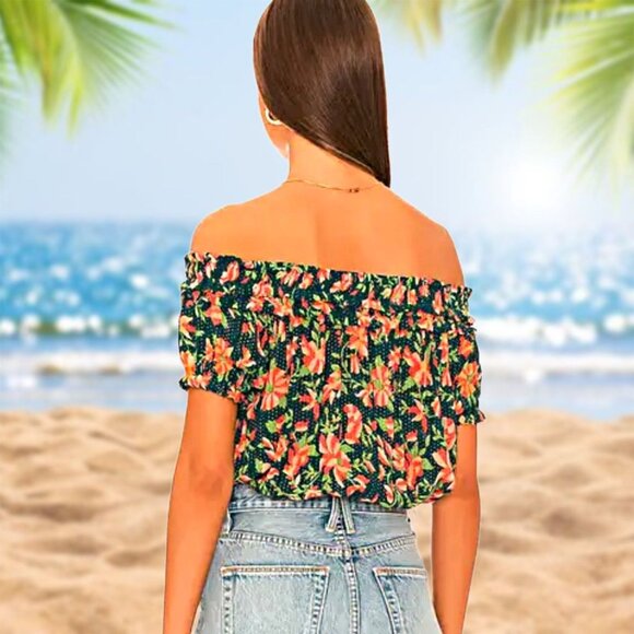 Free People Off Shoulder Crop Top Floral Blouse Suki Garden Combo Smocked XS NWT - Picture 4 of 12
